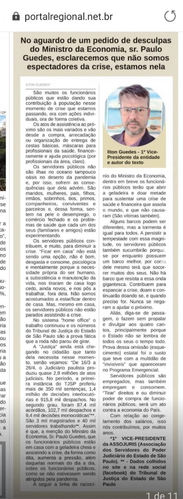 Editorial da ASSOJURIS é destaque no Jornal Regional de Dracena