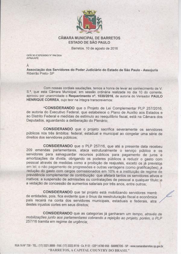 Câmara de Barretos aprova ofício de repúdio à PLC 257