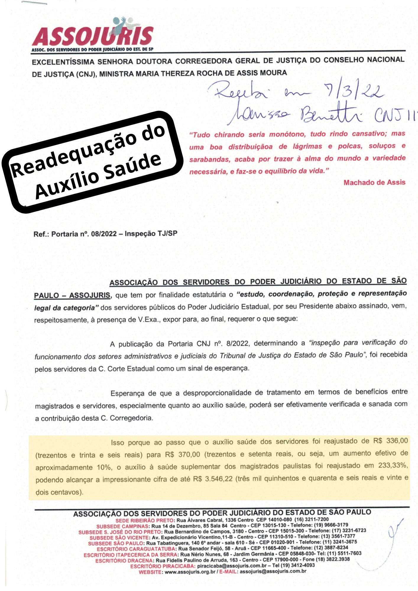 Inspeção do CNJ – Expedientes e denúncias da ASSOJURIS