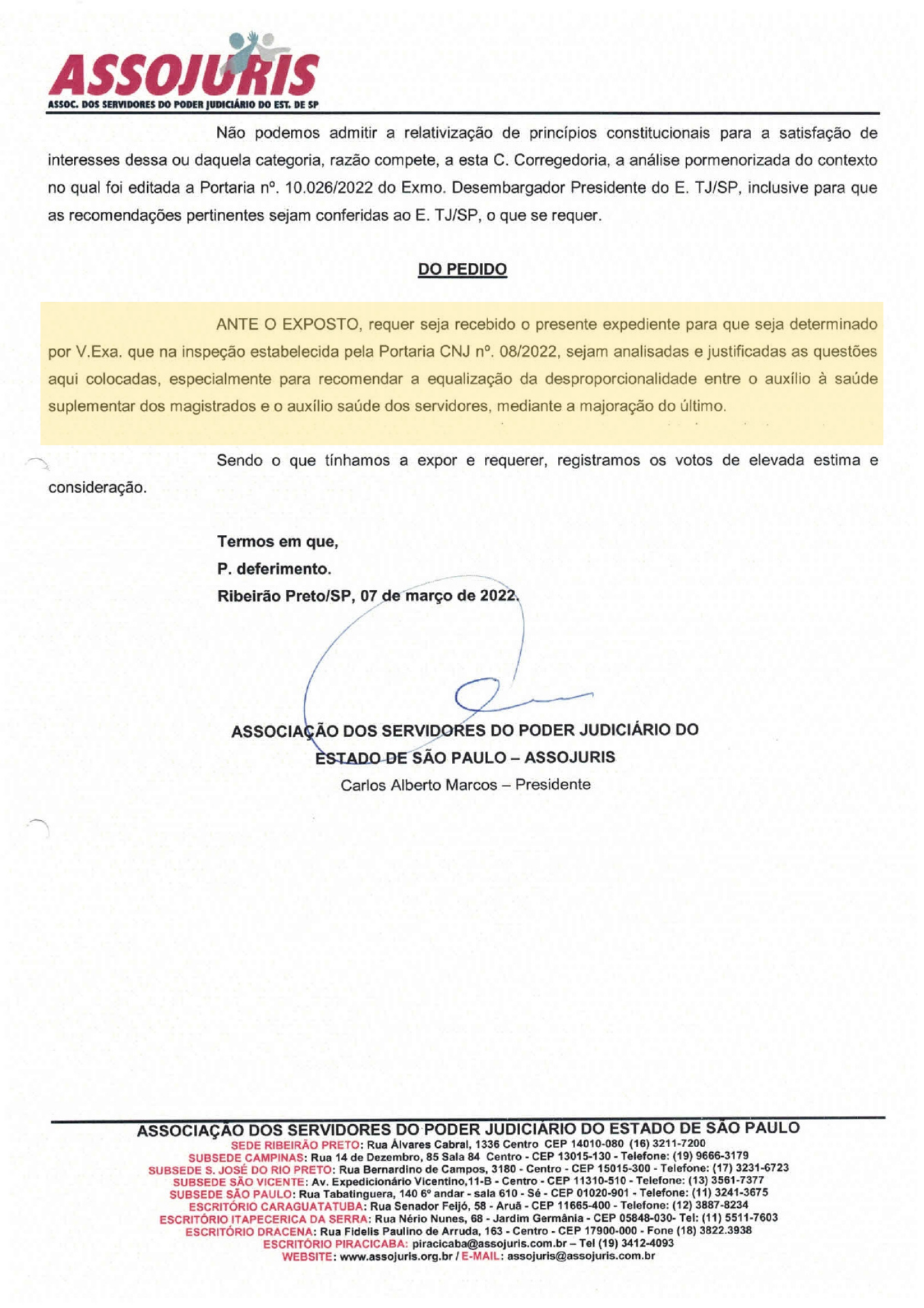 Inspeção do CNJ – Expedientes e denúncias da ASSOJURIS