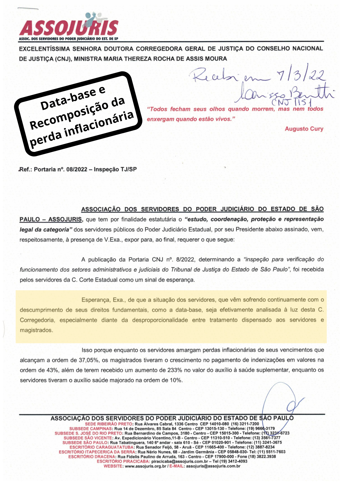Inspeção do CNJ – Expedientes e denúncias da ASSOJURIS