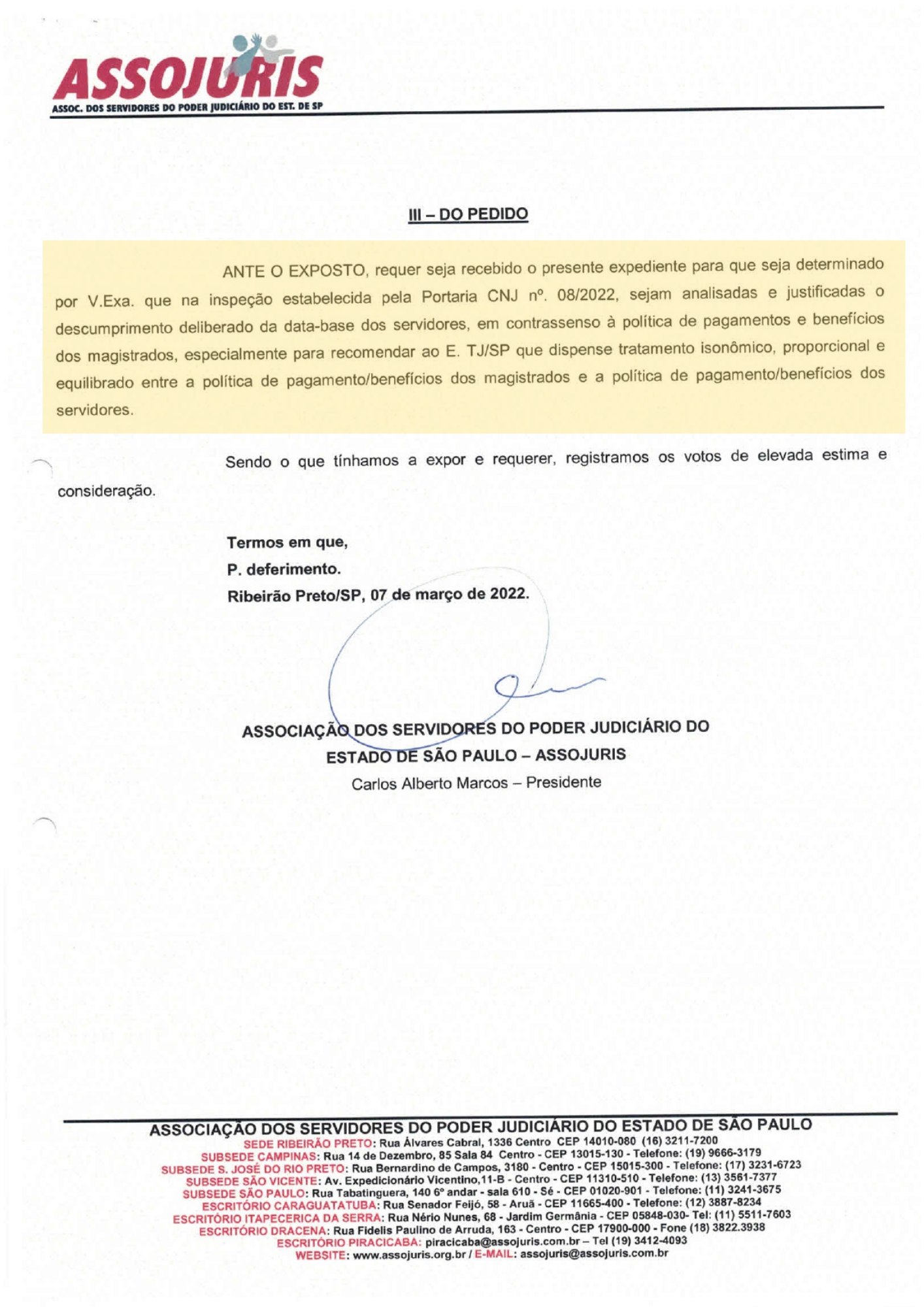 Inspeção do CNJ – Expedientes e denúncias da ASSOJURIS