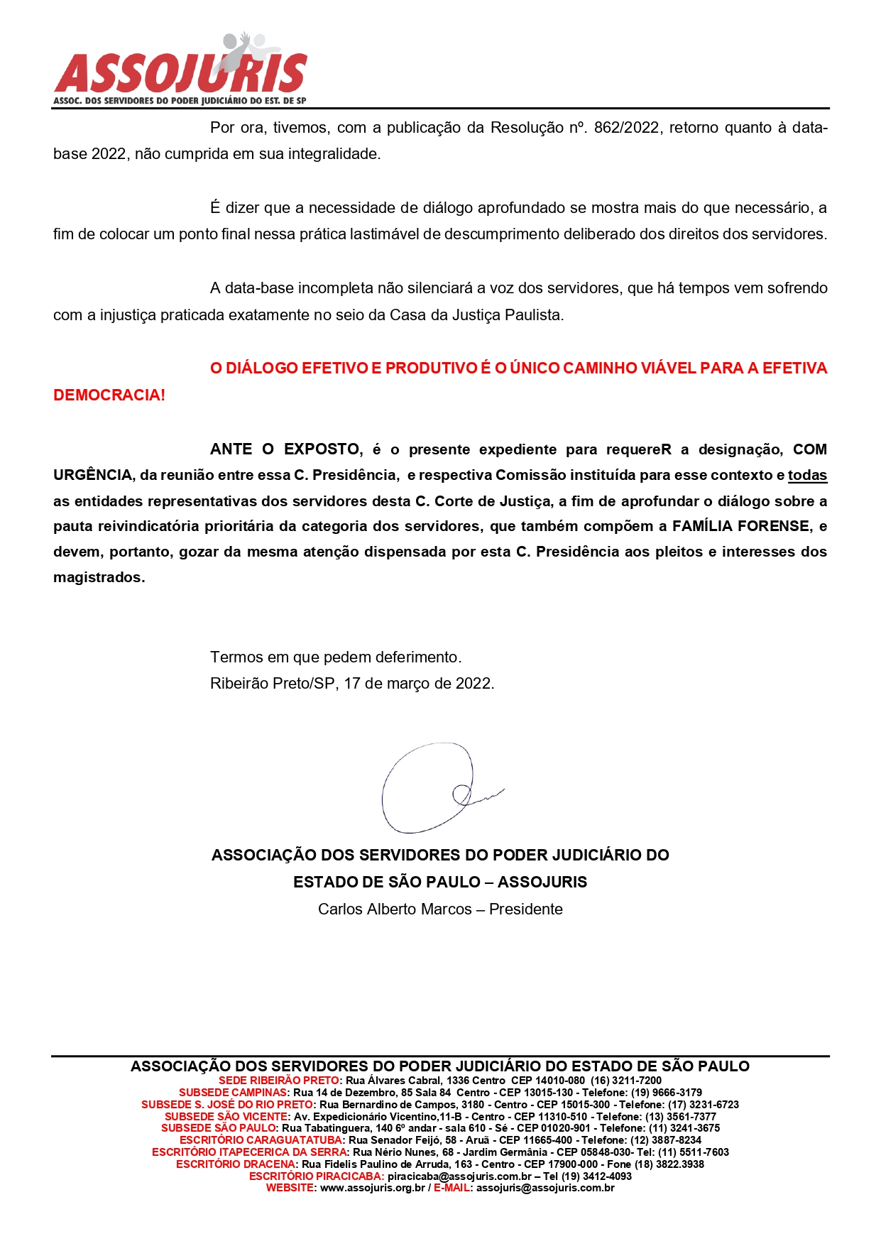 ASSOJURIS REQUER NOVA REUNIÃO COM O PRESIDENTE DO TJ/SP: DATA BASE NA INTEGRALIDADE NÃO É UM FAVOR, É UM DEVER DO ESTADO!
