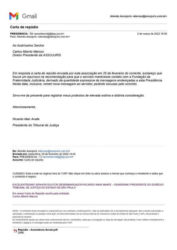 Presidente do TJSP responde nota de repúdio