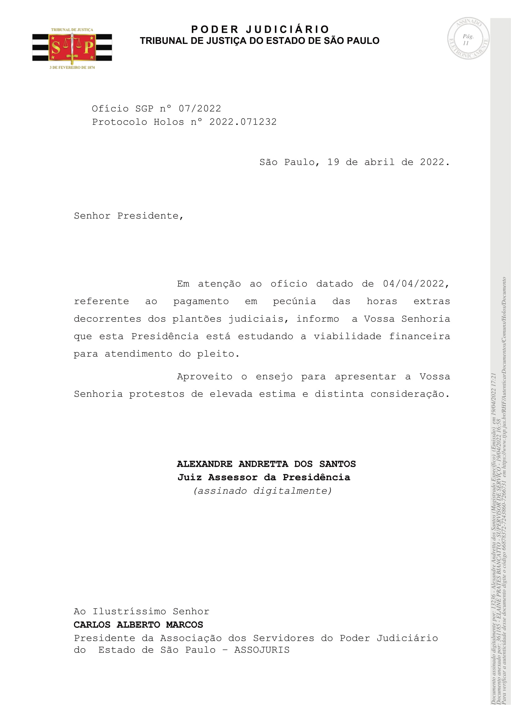 Tribunal responde requerimento da ASSOJURIS