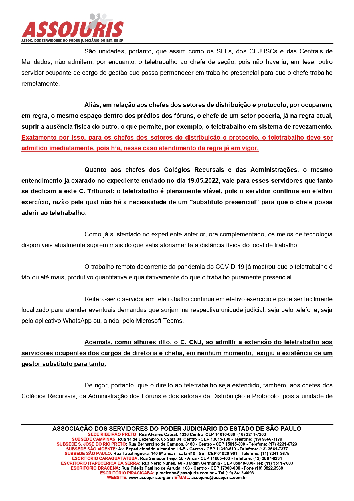 NOVO PEDIDO: ASSOJURIS REQUER A EXTENSÃO DO TELETRABALHO AOS CHEFES DOS SETORES DE PROTOCOLO E DISTRIBUIÇÃO, DOS COLÉGIOS RECURSAIS E DAS ADMINISTRAÇÕES DOS FÓRUNS