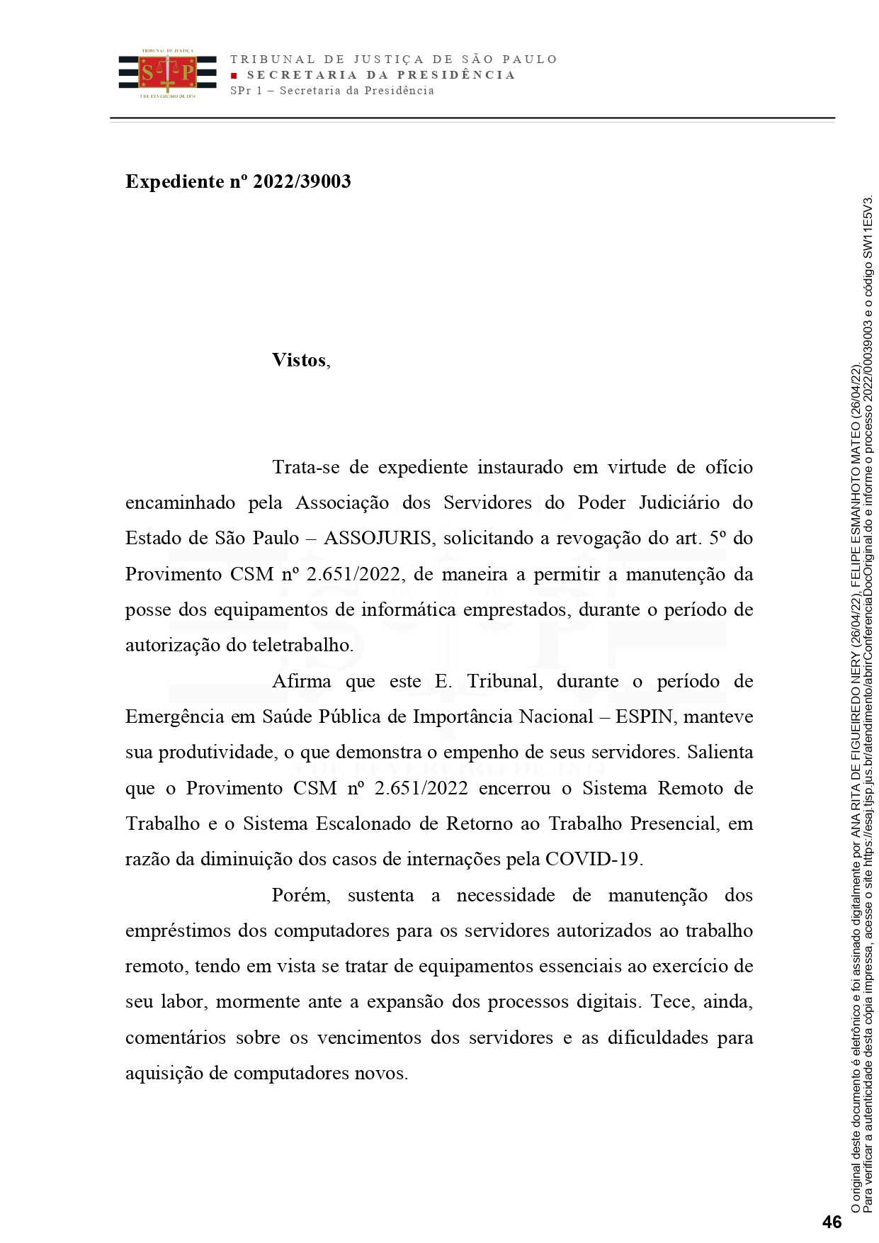 TJSP não autoriza permanência de equipamentos com servidores em teletrabalho