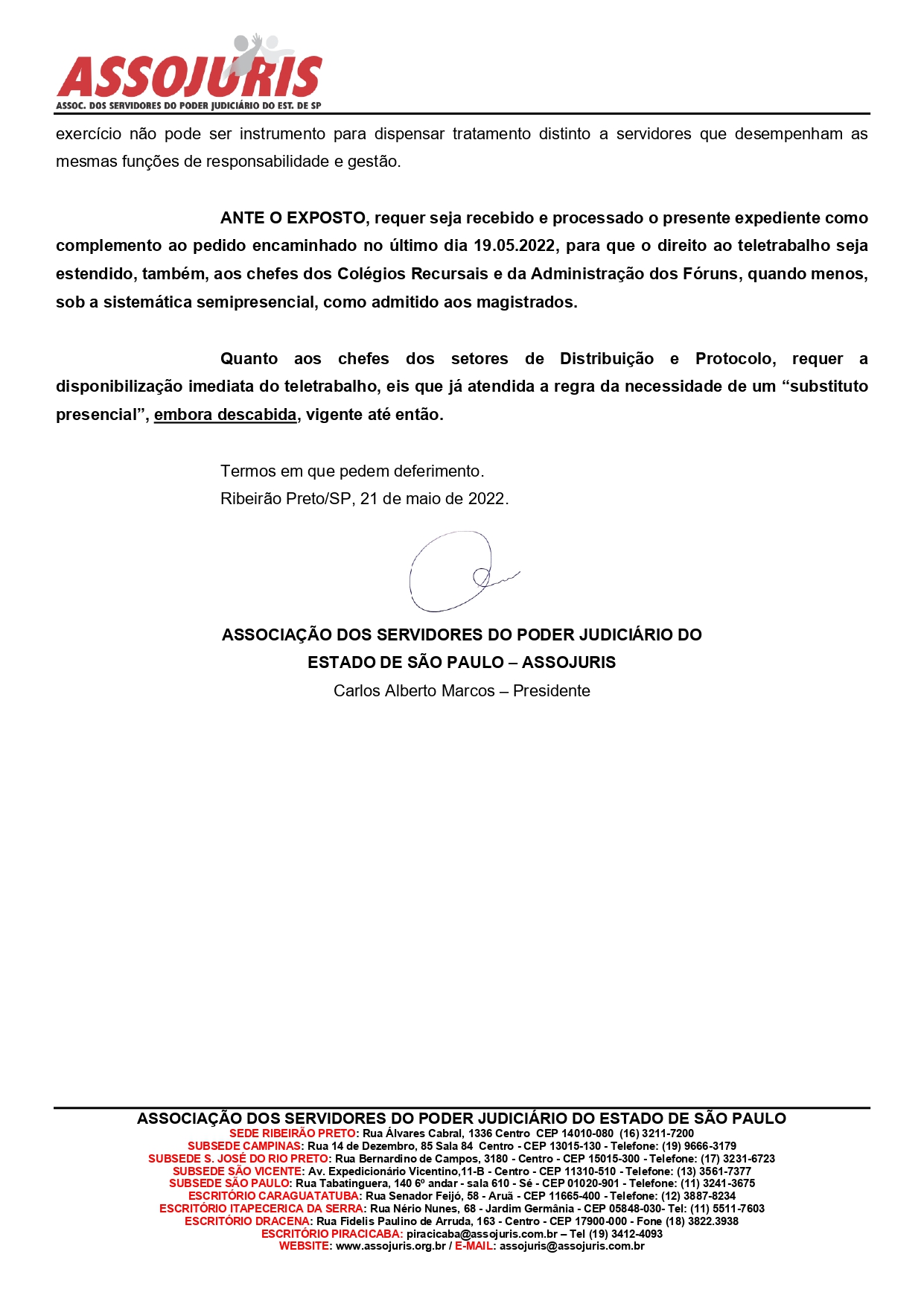 NOVO PEDIDO: ASSOJURIS REQUER A EXTENSÃO DO TELETRABALHO AOS CHEFES DOS SETORES DE PROTOCOLO E DISTRIBUIÇÃO, DOS COLÉGIOS RECURSAIS E DAS ADMINISTRAÇÕES DOS FÓRUNS