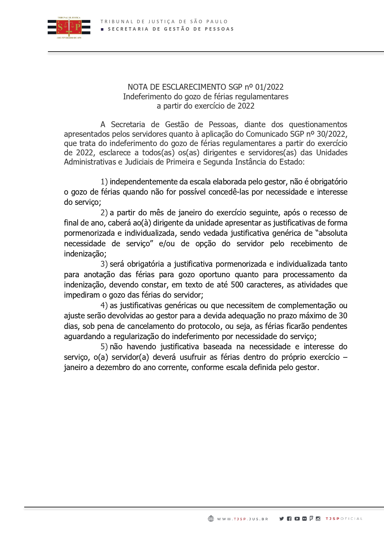 SGP publica “Nota Técnica” a respeito de indeferimento de férias