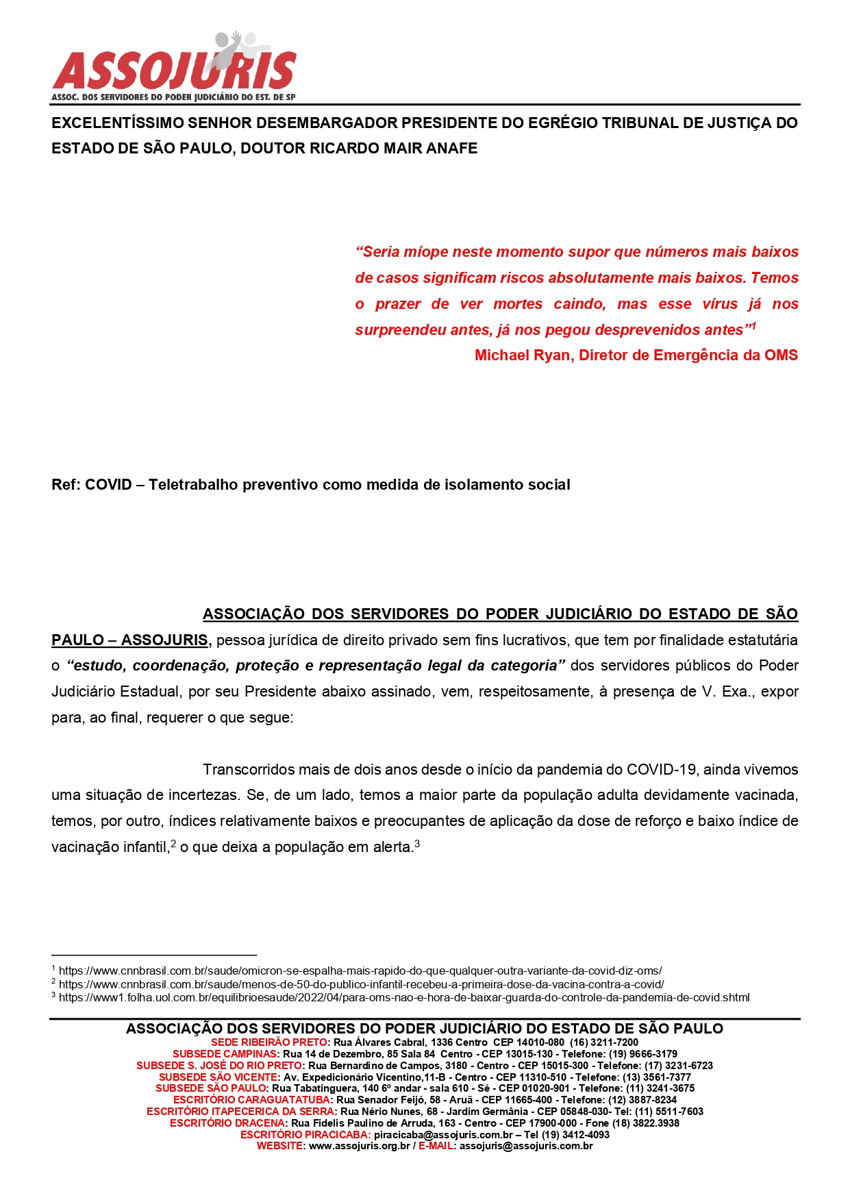ASSOJURIS REQUER O RESTABELECIMENTO DO TELETRABALHO TEMPORÁRIO PARA O SERVIDOR QUE TEVE OU MANTÉM CONTATO COM PESSOA INFECTADA PELO COVID-19