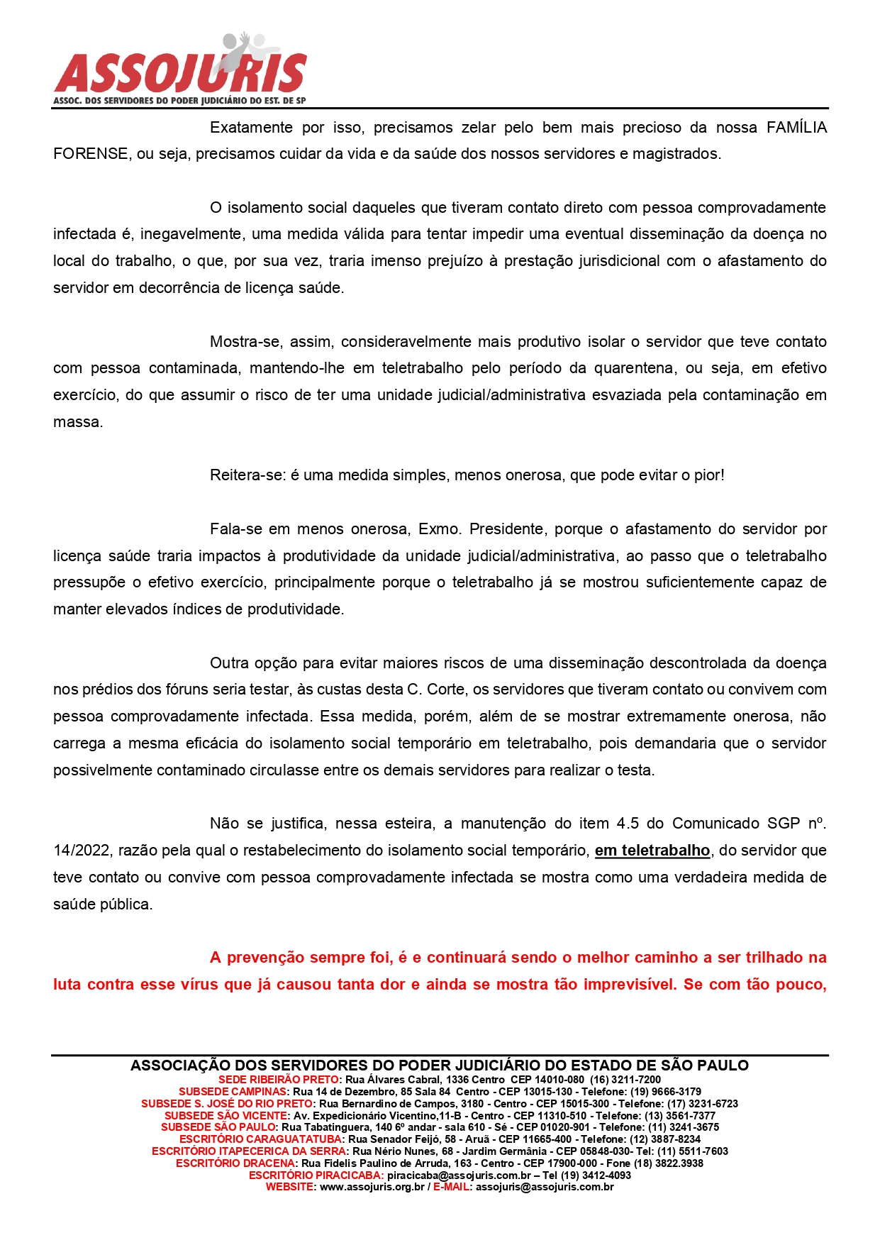ASSOJURIS REQUER O RESTABELECIMENTO DO TELETRABALHO TEMPORÁRIO PARA O SERVIDOR QUE TEVE OU MANTÉM CONTATO COM PESSOA INFECTADA PELO COVID-19