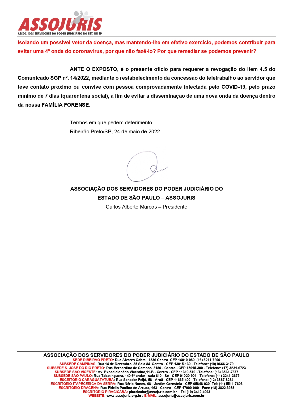 ASSOJURIS REQUER O RESTABELECIMENTO DO TELETRABALHO TEMPORÁRIO PARA O SERVIDOR QUE TEVE OU MANTÉM CONTATO COM PESSOA INFECTADA PELO COVID-19