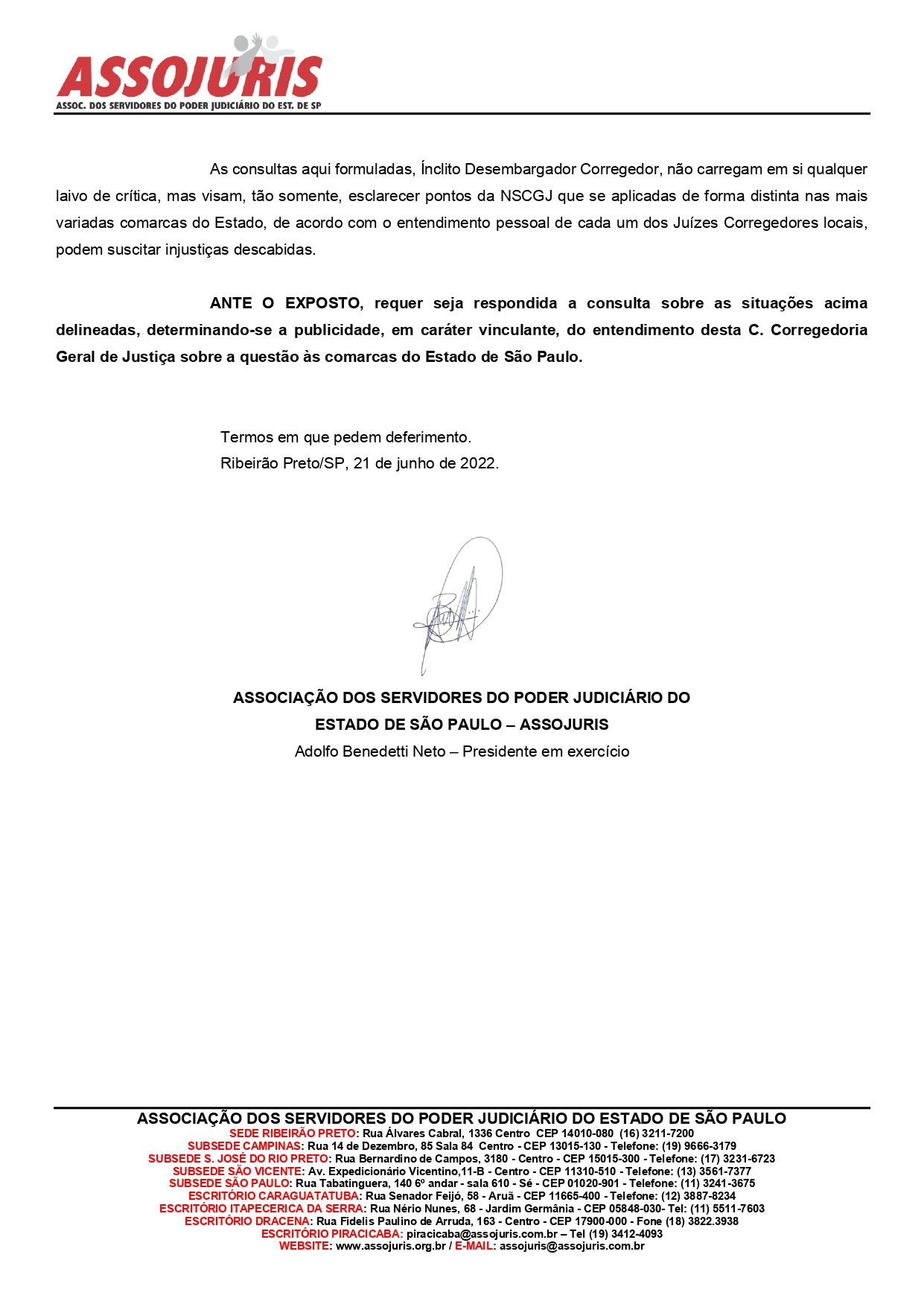 ASSOJURIS requer esclarecimentos do TJSP sobre pagamento de atos dos Oficiais de Justiça
