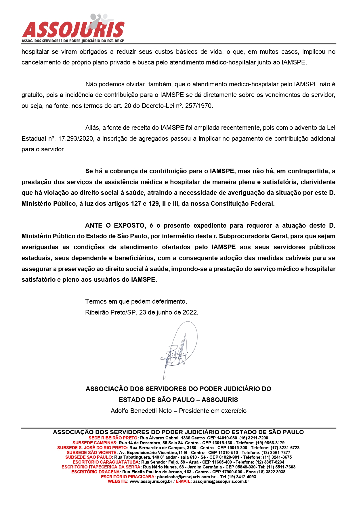 ASSOJURIS LEVA AO MINISTÉRIO PÚBLICO ESTADUAL AS RECLAMAÇÕES DOS ASSOCIADOS SOBRE O DÉFICIT DE ATENDIMENTO DO IAMSPE