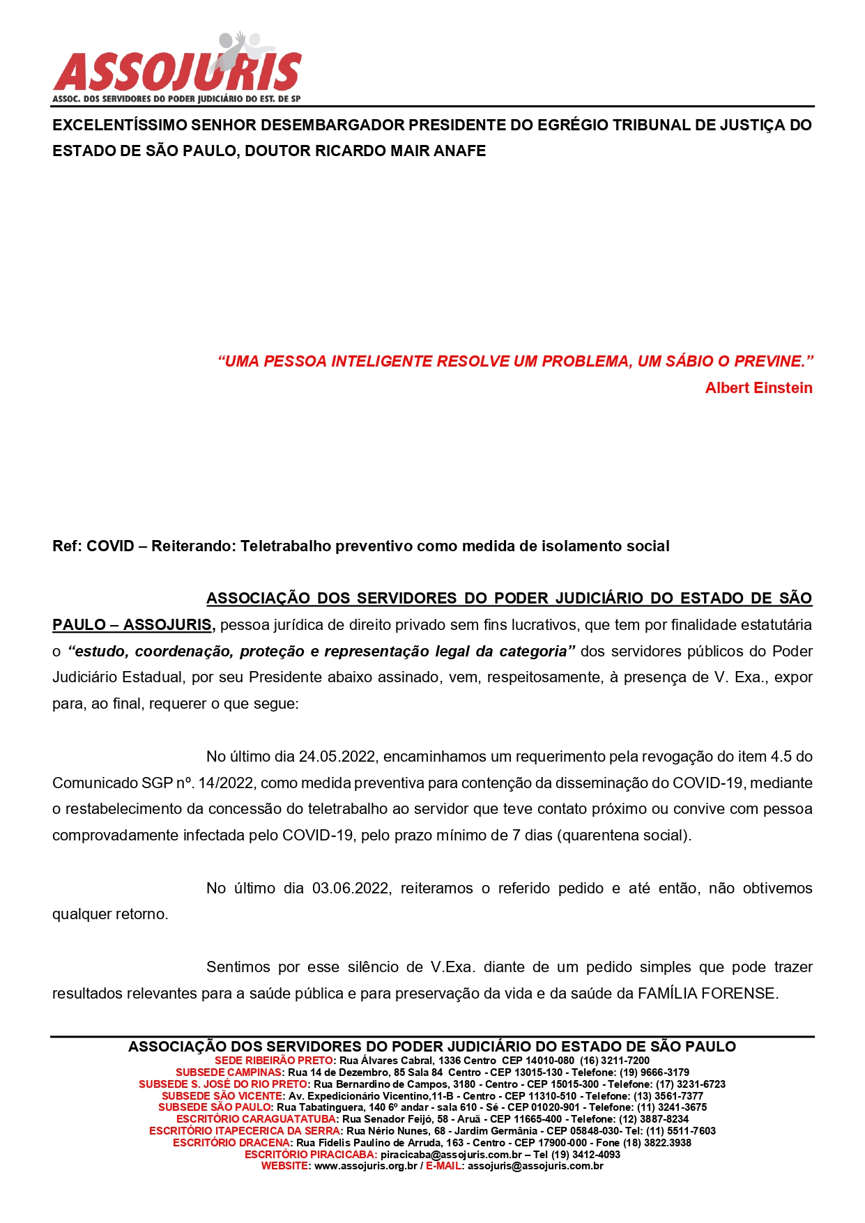 ASSOJURIS reitera pedido de restabelecimento do teletrabalho temporário para o servidor que teve ou mantém contato com pessoa infectada pela Covid-19
