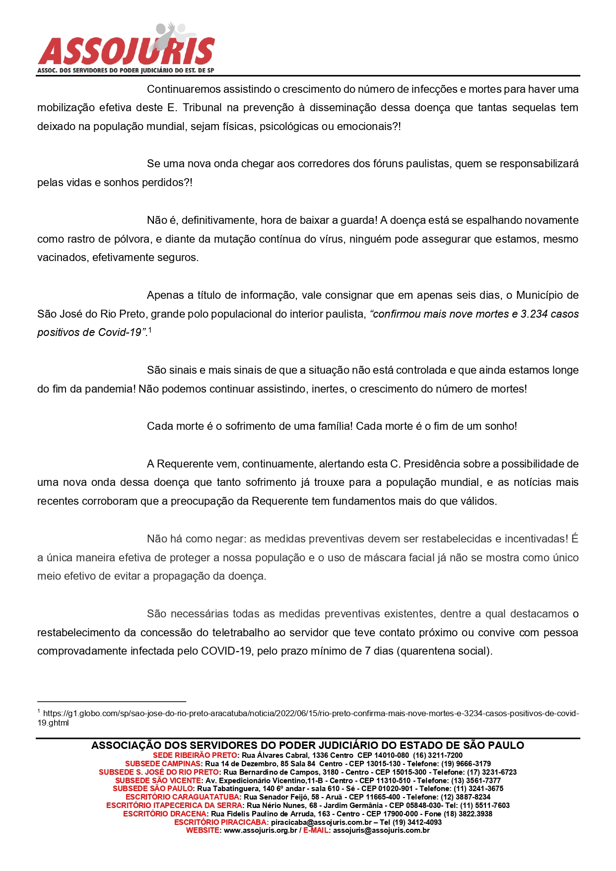 ASSOJURIS reitera pedido de restabelecimento do teletrabalho temporário para o servidor que teve ou mantém contato com pessoa infectada pela Covid-19