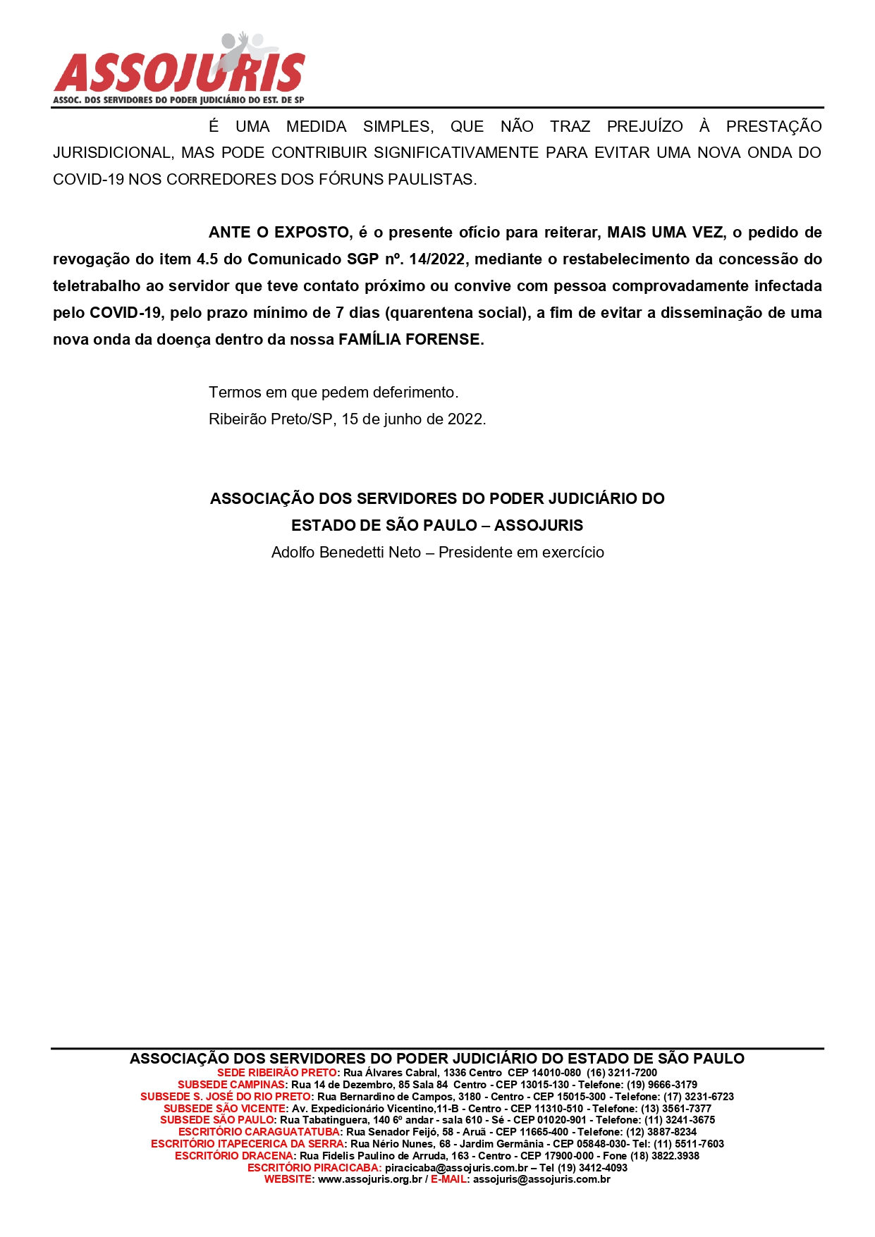 ASSOJURIS reitera pedido de restabelecimento do teletrabalho temporário para o servidor que teve ou mantém contato com pessoa infectada pela Covid-19
