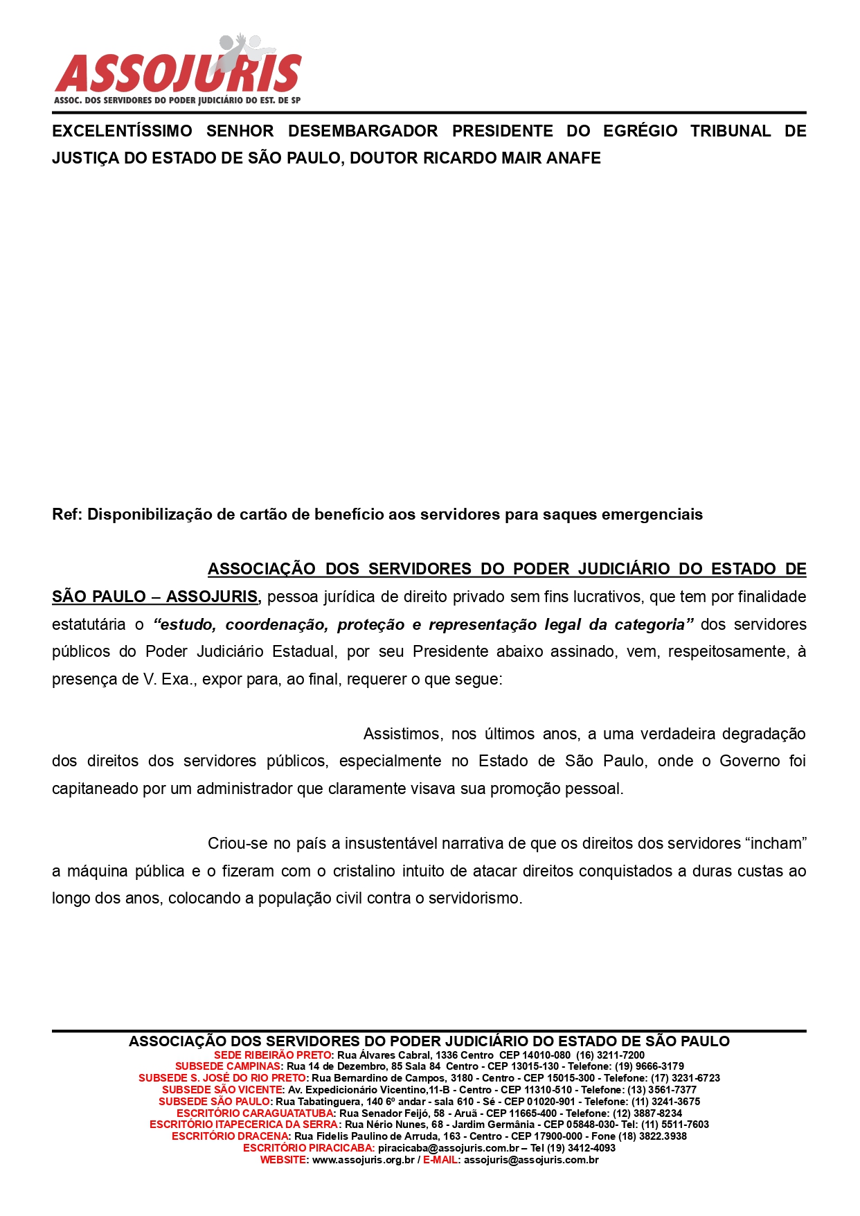 ASSOJURIS REQUER A DISPONIBILIZAÇÃO DO CARTÃO DE BENEFÍCIO AOS SERVIDORES DO TJSP