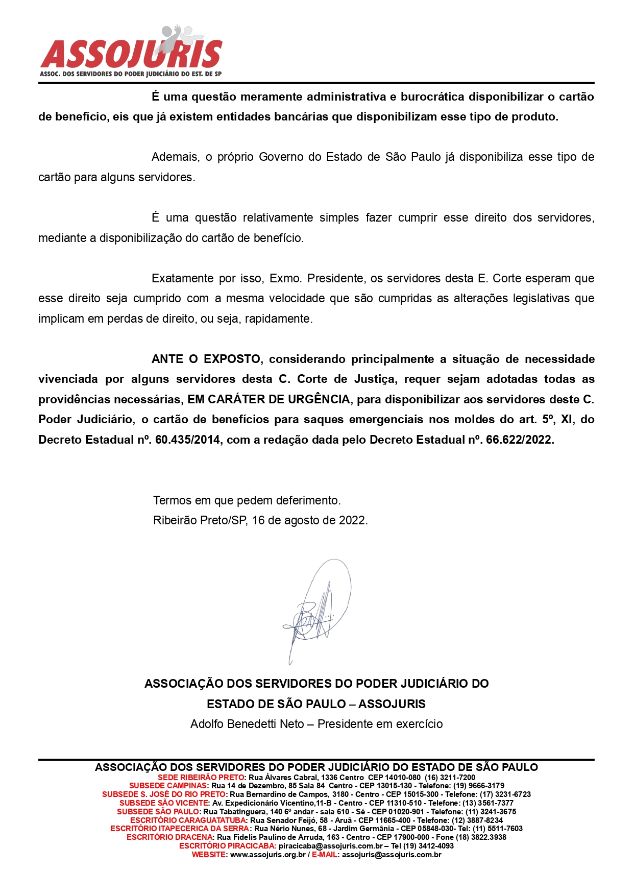 ASSOJURIS REQUER A DISPONIBILIZAÇÃO DO CARTÃO DE BENEFÍCIO AOS SERVIDORES DO TJSP