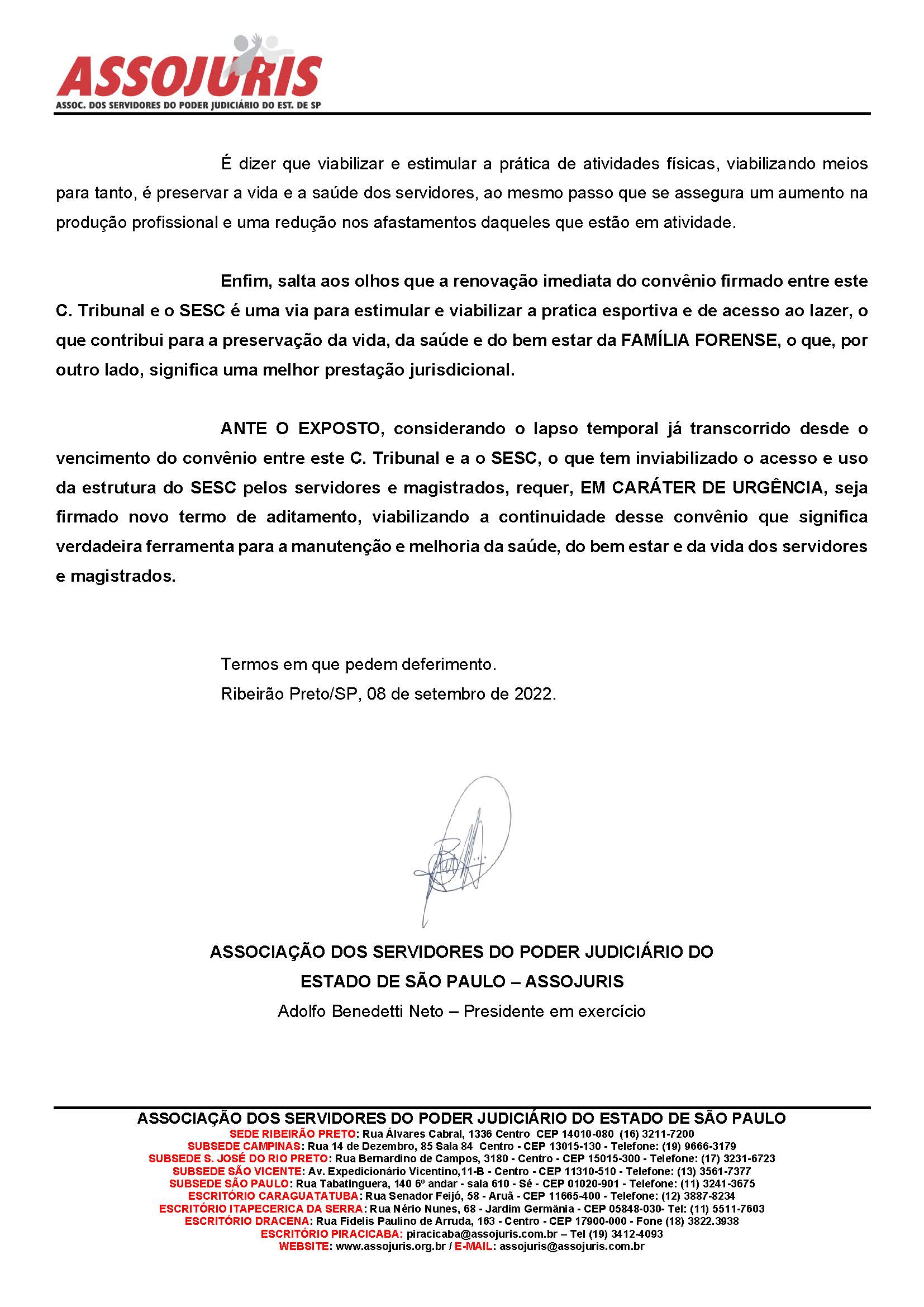 CONVÊNIO ENTRE TJ/SESC É RENOVADO: MAIS UM PEDIDO DA ASSOJURIS EM PROL DO SERVIDOR