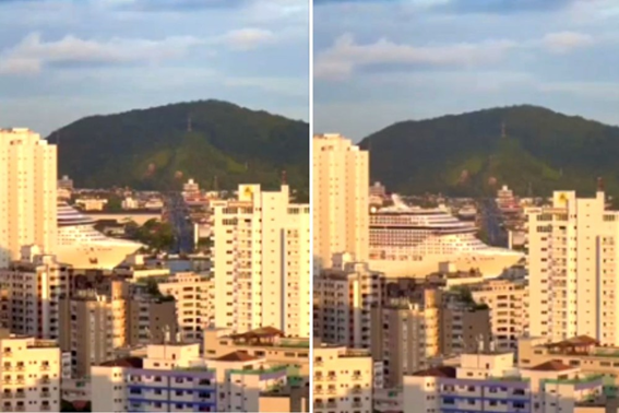 Foto impressionante de navio ‘invadindo’ cidades no litoral de SP tem efeito gerado por ilusão de ótica