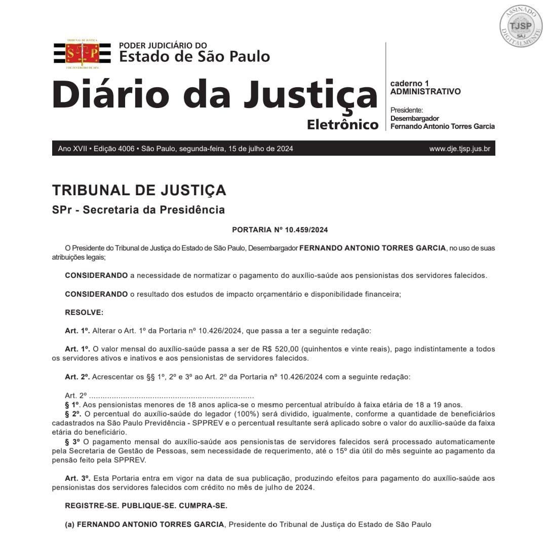 TJ-SP passa a pagar auxílio saúde aos pensionistas dos servidores falecidos
