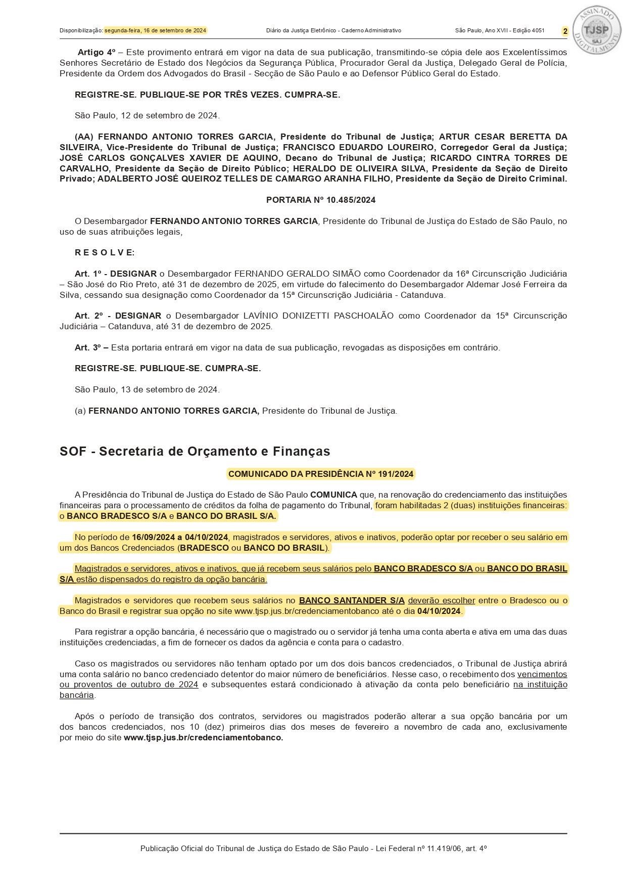 Comunicados da “Presidência do TJ-SP”