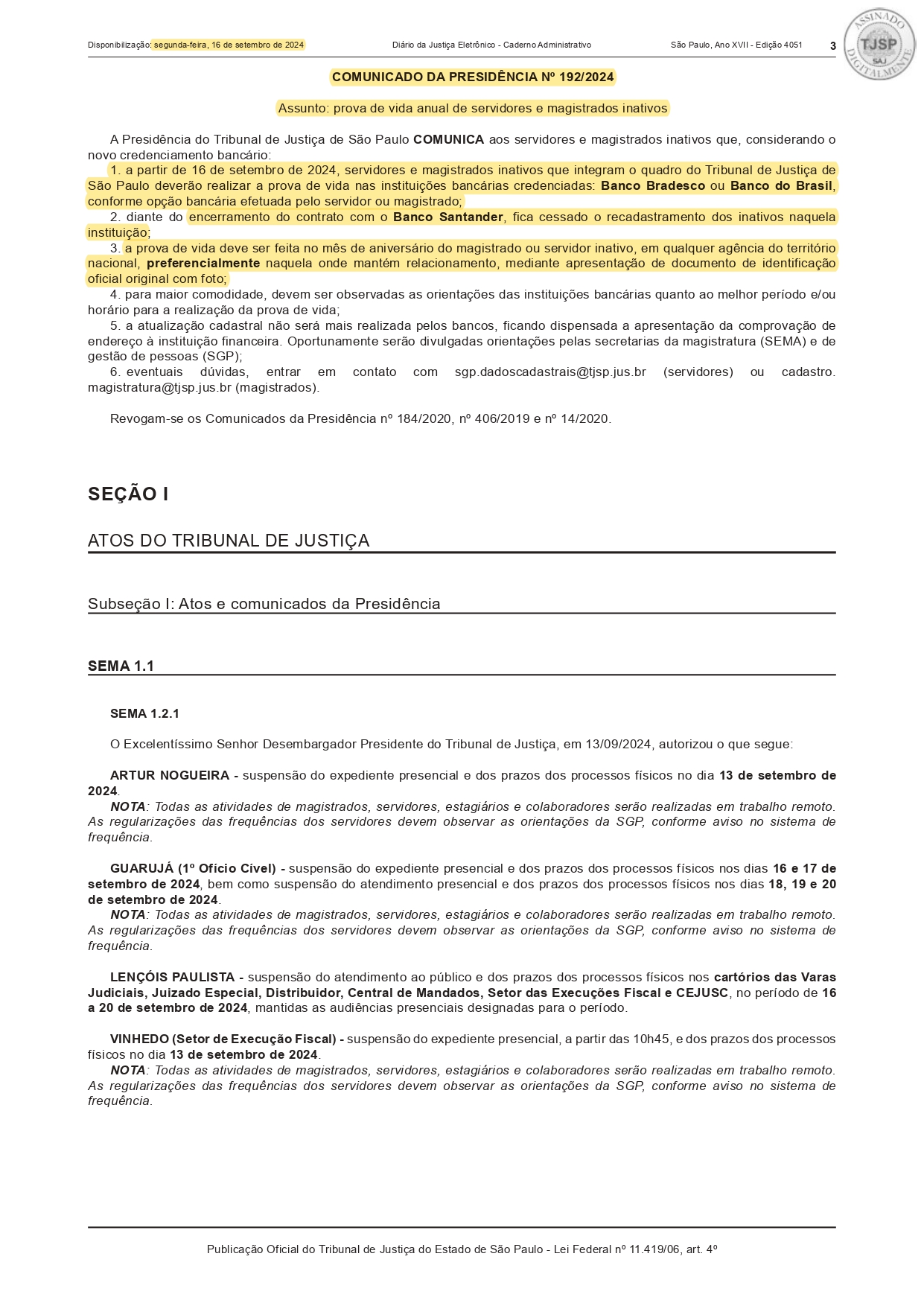 Comunicados da “Presidência do TJ-SP”