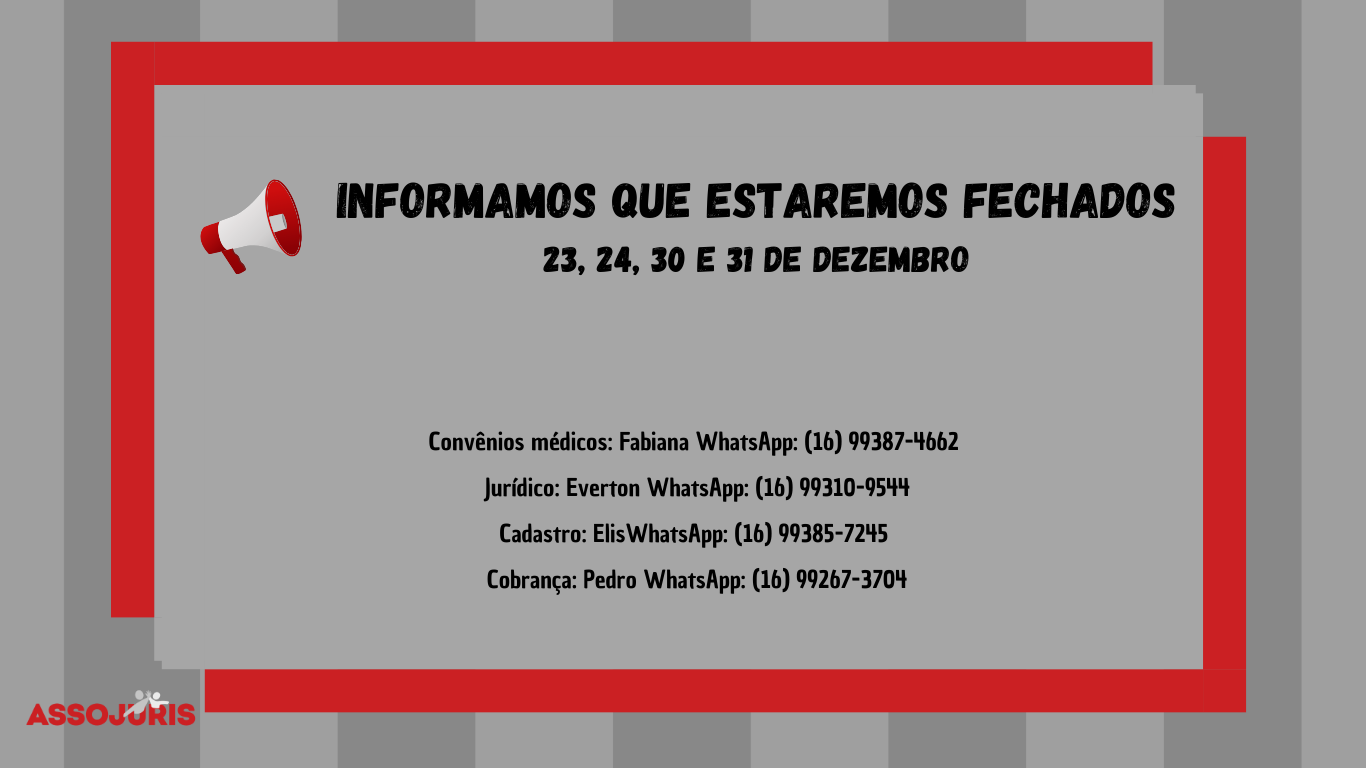 informamos que estaremos de férias coletivas de 22 de dezembro à 1º de janeiro