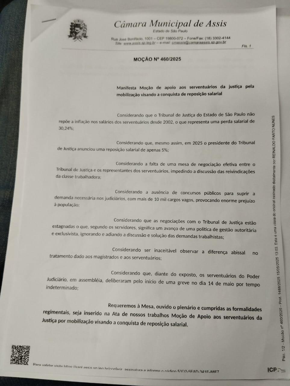 Assojuris – Judiciários- Mobilização Intensa – Câmara do Município de Assis se Manifesta em Favor de Servidores Grevistas