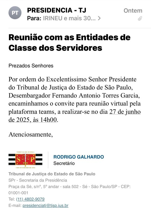 Campanha Salarial 2025 – Greve – Reunião entre TJ/SP e Entidades de Classe