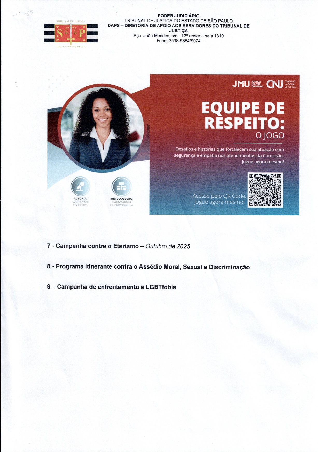 DAPS – Reunião do Comitê de Prevenção e Enfretamento ao Assédio Moral, Assédio Sexual e Discriminação do TJSP